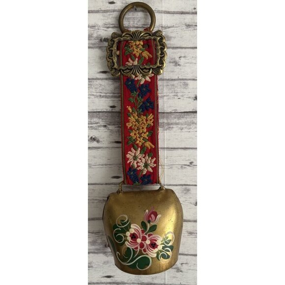 Vintage Swiss Brass Cow Bell Hand Painted Flowers  Embroidered Strap Hanging - Picture 1 of 12